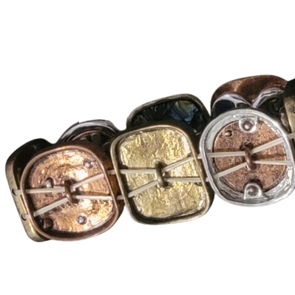 Vintage bracelets 2 copper tone metal abalone stretchy art noveau - Picture 11 of 14